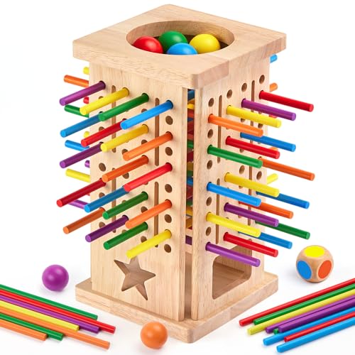 Montessori Wooden Board Games, 42 Colorful Sticks Math Learning Toys for 3 4 5 6 Year Olds, Board Games for Kids 4-6, Fine Motor Skills Toy Family Travel Game, Gifts for Boys Girls 3 Year Old