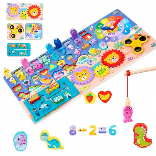 Montessori Wooden Busy Board, 8-in-1 Learning Toy for 3+Boys & Girls, Counting & Number Learning, Shape Matching, Animal Matching, Clock Learning, Magnetic Fishing Game, Gear Spinning, Educational Toy