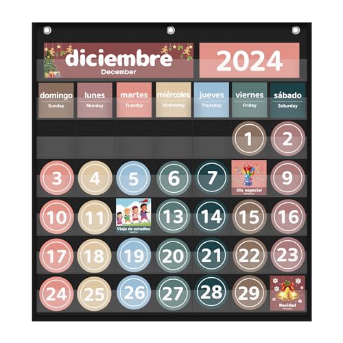 Monthly Calendar Pocket Chart for Classroom, Printed Days of The Week with Cards, Learning for Home or Kindergarten, Teacher Must Have Supplies That Fits Any School Décor (Spanish Black)