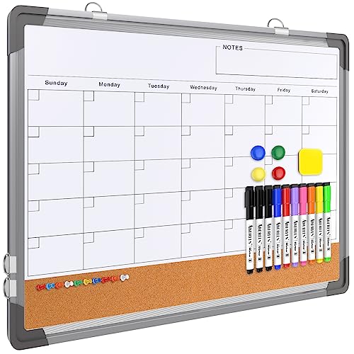 Monthly Calendar Whiteboard for Wall, 24x18 Inches Dry Erase Board with Cork Board Combo, Magnetic White Board, Double-Sided Hanging Portable Board for Office School Home Kitchen Planner Memo