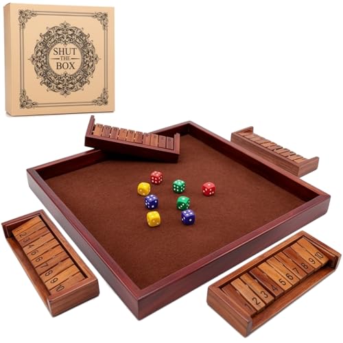MoodLife Modular Shut The Box Game for 4 Players, 11.8-Inch Wooden Dice Board with 4 Detachable Number Trays and 8 Dice, Expandable Family Tabletop Math Game for Kids and Adults