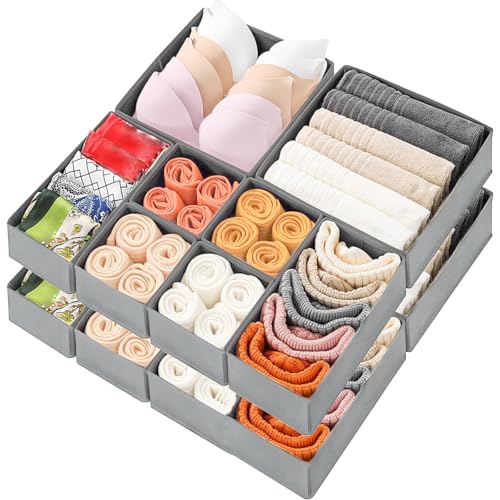 Mooisco 12 Packs Foldable Drawer Organizer Clothes, Closet Storage for Baby Clothes, Underwear, Sock, Non-Woven Fabric Bins for Baby Room, Office, 4 Small 4 Medium 4 Large, Deep Gray