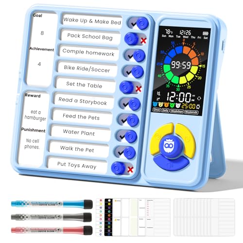 Mooking 5-in-1 Visual Timer, ADHD Tool for Kids|Adults, Visual Schedule for Kids with Autism, 12/24 Task Timer & Chore Chart Board, ADHD Tools with Daily Checklist for Home, School, Classroom - Blue