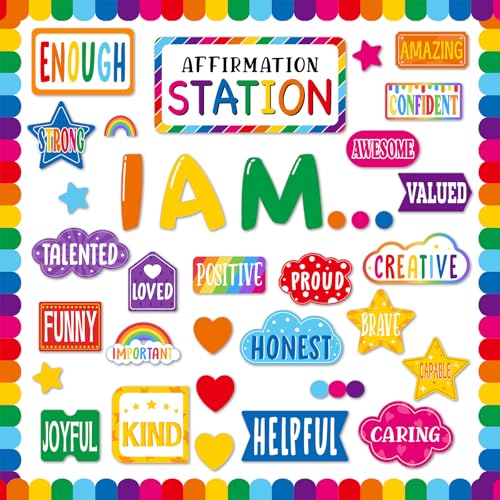 Mooliwe 49 Pcs Affirmation Station Classroom Must Have Rainbow Classroom Decor Bulletin Board Set Back to School Inspirational Poster for Preschool Board Positive Affirmations Accent Cutout(Rainbow)