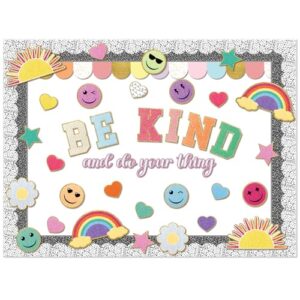 Mooliwe 93 Pcs Composition Notebook Bulletin Board Set Pastel Be Kind Classroom Decor Smile Face Back to School Border Decoration Retro Rainbow Cutouts for Kindergarten School Party First Day of Class
