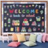 Mooliwe 94 Pcs Welcome Back to School Bulletin Board Set Retro Classroom Decor Ruffled Trims Plaid Trims Apple Stationery Paper Cutouts Gingham Classroom Decor for First Day of School Wall Door