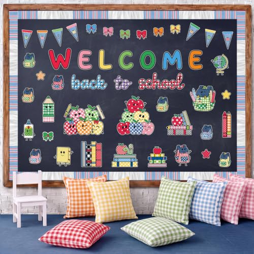 Mooliwe 94 Pcs Welcome Back to School Bulletin Board Set Retro Classroom Decor Ruffled Trims Plaid Trims Apple Stationery Paper Cutouts Gingham Classroom Decor for First Day of School Wall Door
