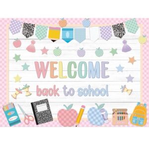 Mooliwe 94 Pcs Welcome Back to School Bulletin Board Set Stationery Star Apple Paper Cutouts for First Day of School Classroom Wall Door Decoration((Pastel Checkered)
