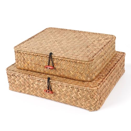 Moosky Flat Wicker Shelf Baskets with Lid, Seagrass Woven Basket Boxes for Storage Basket Bins Multipurpose Home Decor Organizer (Natural Set of 2)