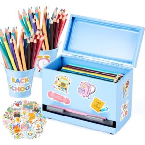 MorningRo 3 Pack Pencil Dispenser for Classroom Stainless Steel Classroom Pencil Holder with Sticker for Desk Student Back to School Teacher Must Have Preschool Kindergarten Supplies(Light Blue)