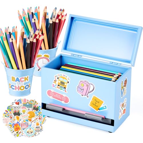 MorningRo 3 Pack Pencil Dispenser for Classroom Stainless Steel Classroom Pencil Holder with Sticker for Desk Student Back to School Teacher Must Have Preschool Kindergarten Supplies(Light Blue)
