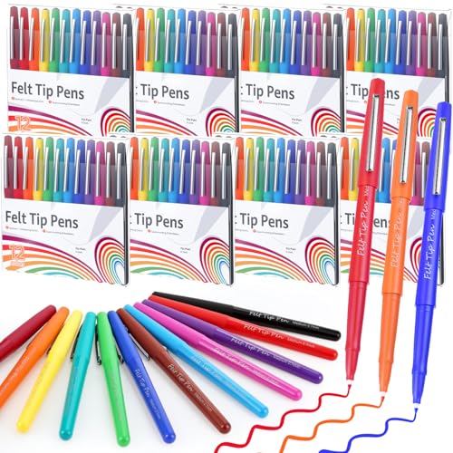 MotiMind 96 Pcs Felt Tip Pens 0.7mm Medium Point Felt Pen Bulk 12 Colors Markers Journal Planner for Teachers Journaling Writing Note Art Office Supplies