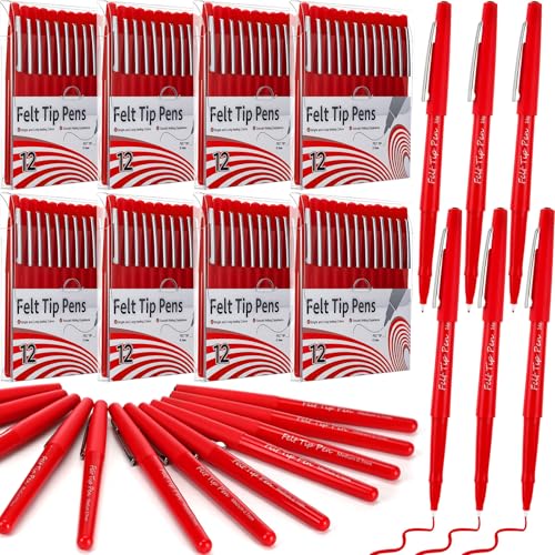MotiMind 96 Pcs Red Felt Tip Pens 0.7mm Medium Point Pens Bulk, Felt Tip Markers for Journaling, Writing, Note Taking, Planner, Ideal for Office School Art Supplies Gift