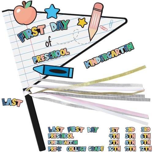 MotiMind First and Last Day of School Flag with 16 Grade Labels Reusable Wooden Flag Sign for Preschool Kindergarten Pre-k College with Ribbons for Back to School Supplies and Photo Props (Notebook)