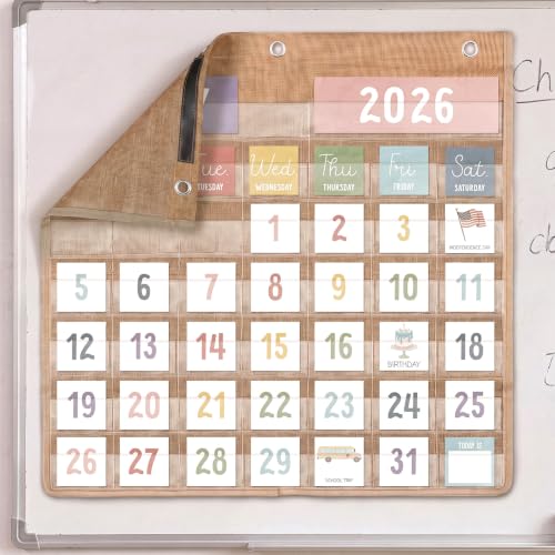 MotiMind Magnetic Calendar Pocket Chart, 44 Pockets Farmhouse Calendar Set with 81 Cards & 3 Hooks, Extra Large Pocket Chart for Office & Home Daily Schedule, Demonstrations, Office Home Activities