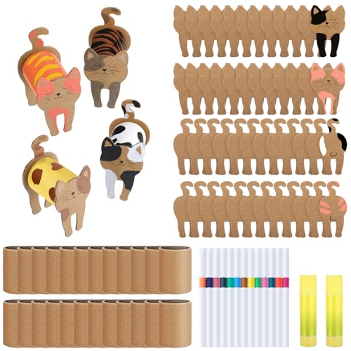 Motipuns 24 Set Cat DIY Craft Kit with Cardboard Tubes Kraft Paper Cat Shaped Cardboard Acrylic Paint Markers Creative Make Your Own Kittens Art Gift Ideas