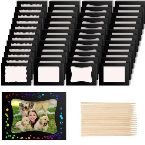 Motipuns 36 Pcs Scratch Picture Frame Craft Kits for Kids DIY Vbs Scratch Paper Photo Frame with Wooden Stylus Back to School 4 x 6 Children Photo Classroom Easter Activities Decor