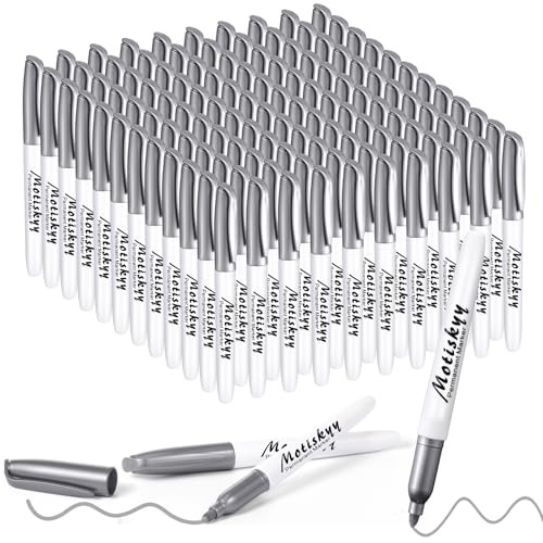 Motiskyy 120 Pcs Metallic Permanent Markers Bulk Metallic Marker Pens Set Medium Tip Quick Dry Paint Pens for Classroom DIY Crafts, Gift Card Making, Artist Illustration(Silver)