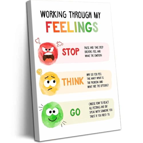 Motivational Emotional Mental Health Framed Canvas Wall Art Ready to Hang Decor for Home Wall Decoration 24L X 16W Working Through My Feelings Stop Think Go Inspirational Typography Poster