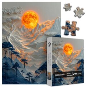 Mountain Puzzles for Adults 1000 Pieces, Fantasy Red Moon Nature Landscape Jigsaw Puzzle Scenic, Tree Forest Canyon Paper Cut Art Themed Scenery Puzzle, Hard Challenging for Adults