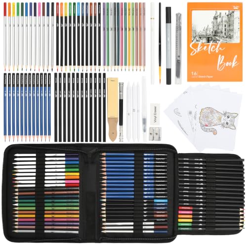 Mr. Pen- 81-Piece Professional Art Drawing Set with Sketch Book & Coloring Pages – Graphite, Charcoal, Watercolor, Metallic & Colored Pencils, Carrying Case, Notebook Cover & Sticker Design Kit