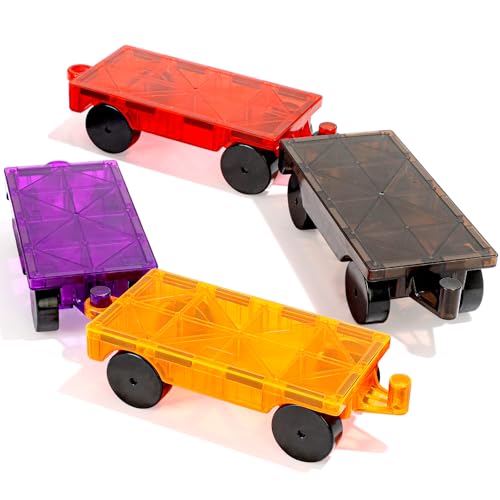 Mruikeny Magnetic Tiles Cars Construction Set - 4 PCS Magnetic Tiles Magnet Bricks Truck Sensory Toys, Educational Magnet Cars Set Building Blocks for 3 4 5 6 7 8+ Year Old Girls Boys