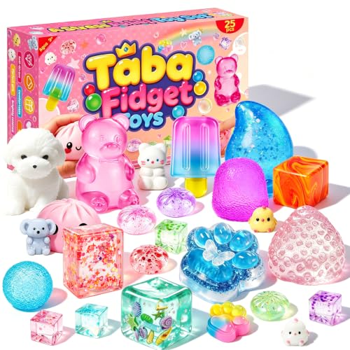 MSYTIFOG 25Pcs Taba Squishies Stress Toys Kit, Stress Relief Fidget Toys for Kids Adults, Kawaii Squishies Stress Relief Stress Cube, Squeeze Sensory Toys for Kids , Birthday Gifts Toys for Girls 8-10