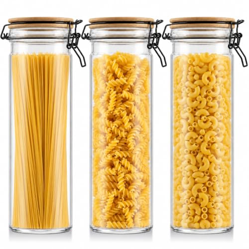 MT.BAY Airtight Glass Jars Set of 3, 0.5 Gallon Food Storage Jar with Lids, Tall Spaghetti Container with Clear Preserving Seal Wire Clip Fastening, Pasta Storage Containers for Kitchen