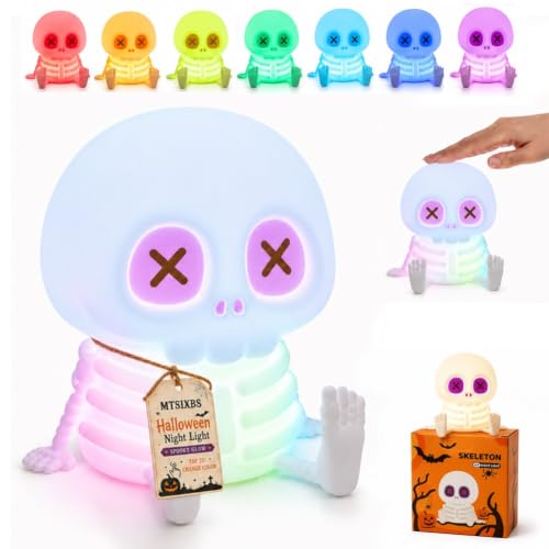 MTSIXBS Halloween Skull Night Light, Soft Squeeze Silicone Skeleton Lamp 7 Color Changing, USB Rechargeable Brightness Adjustment Helloween Room Summerween Party Decor Decorations