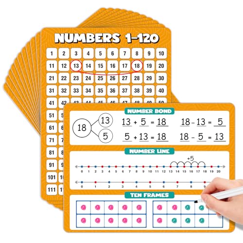 MucaDopia 12 Pack 1-120 Number Chart Dry Erase Flash Card,12" x 9" Number Line Ten Frame Math Manipulatives for Student Teacher Kindergarten 1ST 2ND Classroom Homeschool Supplies Small White Board
