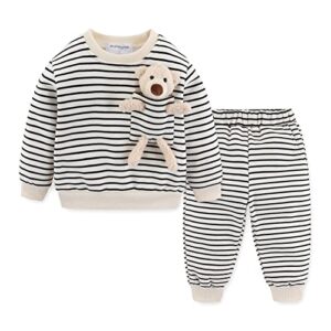 Mud Kingdom Little Boys Jogger Sets Fleece Lined Funny Cartoon Bear Stripe Beige 5T