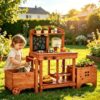 Mud Kitchen for Kids 3-in-1 Wooden Outdoor Playset with Wagon & Planter for Toddlers