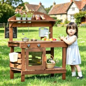 Mud Kitchen for Kids Outdoor 31.5in, Wooden Play Kitchen with Accessories for Kids Play Kitchen Set with Sink, Faucet, Plants Observation Room for Backyard Garden