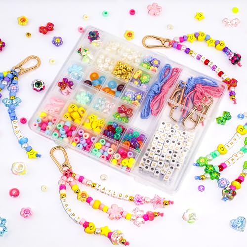 MUOFAHYI 350PCS Beaded Keychain Making Kit for Women, Acrylic Heart Star Flower Letter Alphabet Bag Beads, DIY Art Craft Keychain Charm Supplies, Ideal Gift for Birthday Mothers Day