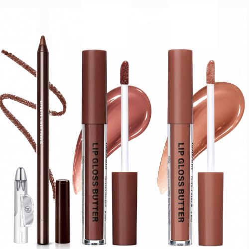 MUREND 3PCS Nourishing Lip Liner and Lip Gloss Set, Lip Gloss & Brown Lip Liner Combo Sets, Non-Sticky Plump Lips Kit for Women, Moisturizing Nude Lip Glow Oil, Lightweight & Long Lasting Lips Makeup