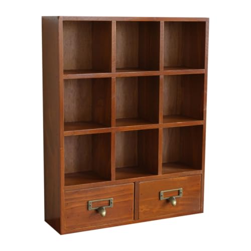MVQJSUCI Desktop Organizer Wooden Storage Box With Drawers Desk Organizer Tabletop Cabinet Storage Unit Compact Solid With Drawers Suitable for home studio, Straight Nine Grids Two Drawers