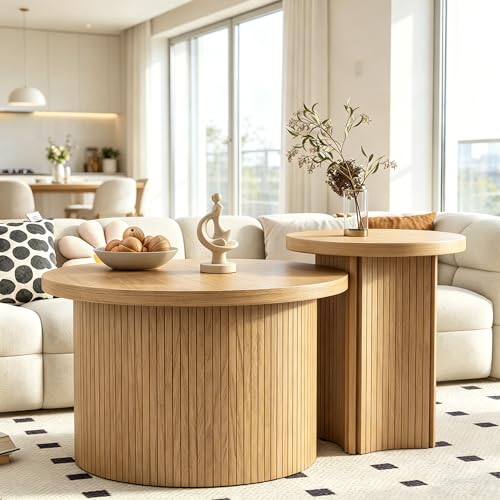 Mxtxmy Round Nesting Coffee Table Set of 2,Coffee Tables for Living Room,Round Coffee Tables with Wood Finish,Stackable Coffee Table Set,Rustic Sofa Side Table,Living Room Bedroom (Large Size)