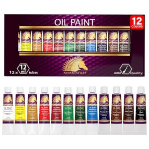 MyArtscape Oil Paint Set, 12 Colors, 12 x 0.4 fl oz (12 ml) Tubes, Lightfast Heavy Body High Pigment Oil Paints, Non Fading Vibrant Colors, Artist Quality Professional Painting Supplies