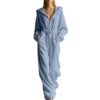 Myboilk Womens Ribbed Hooded Jumpsuit Zip Up Wide Leg Lounge Romper Blue