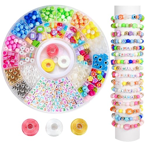 MYCUTEY 594Pcs DIY Bracelet Making Kit with Colorful Letter Flower Heart Beads - Friendship Bracelet Kit for Women Kids Pony Beads for Jewelry Making Christmas Bead Bracelets Making Craft Gift