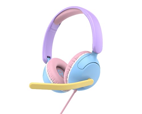 myFirst CareBuds Link W2 Kids Wired Headphones with Microphone, 85dB Volume Limit, 3.5mm On-Ear Headset, Foldable Lightweight Headphones with Rotatable Boom Mic (Cotton Candy Mix)