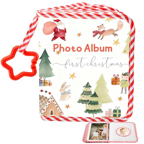 My First Christmas Baby Book, Photo Albums 4x6 Pictures for 17 Pockets, Baby Memory Book with Cut-Resistant Hand-Stitched Edges, Cute Photo Album for all Family to Record First Christmas Together