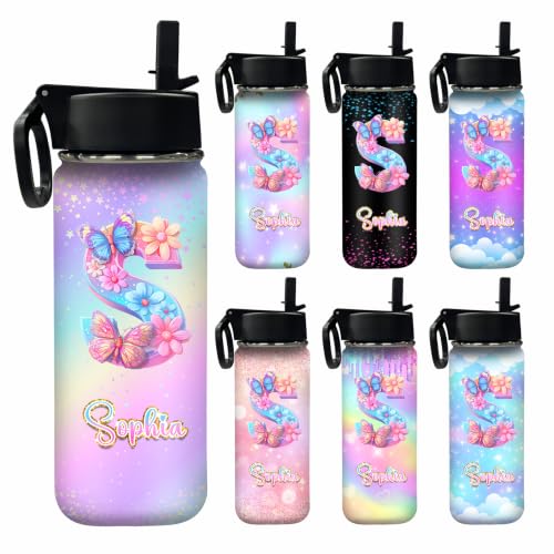 MyPupSocks Custom Water Bottle for Boys Girls, Personalized Name Stainless Steel Sports Water Bottle for Kids Adult, Customize Double Wall Vacuum Insulated Cup with Straw Lid for Friends Mom Dad