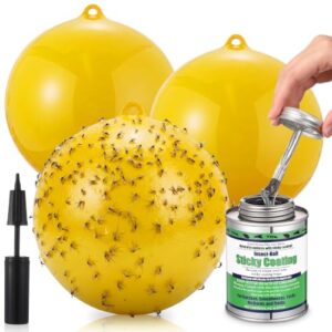 Mysora 3 Pcs Large Fly Trap Balls Hanging Fruit Fly Traps Outdoor Adhesive Insect Balls with a Sticky Coating Glue Air Pump Insect Catch Sticky Bug for Farm Orchard Deerflies Mosquito (Yellow)