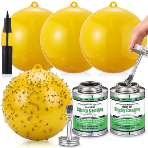 Mysora 4 Pcs Large Fly Trap Balls Hanging Fruit Fly Traps Outdoor Adhesive Insect Balls with 2 Pcs Sticky Coating Glue Air Pump Insect Catch Sticky Bug for Farm Orchard Deerflies Mosquito (Yellow)
