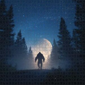 Mysterious Bigfoot Silhouette Mystical Fantasy Art Wooden Jigsaw Puzzle 500 Pieces for Adults Full Moon Starry Night Sky Pine Forest Family Game Night Gift for Men Women Monster Fans