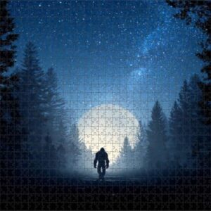 Mysterious Bigfoot Silhouette Under Starry Night Sky Wooden Jigsaw Puzzle 1000 Pieces for Adults with Giant Full Moon and Pine Forest Perfect for Family Game Night Ideal Gift for Cryptozoology Lovers