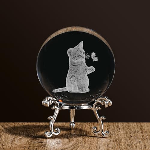 MysticGlitz 3D Laser Engraved Cats Crystal Ball - 2.36" (60mm) K9 Crystal Sphere with Silver Metal Stand, Cute Cat Catching Butterfly Figurine, Healing Home Office Decor & Gifts for Cat Lovers