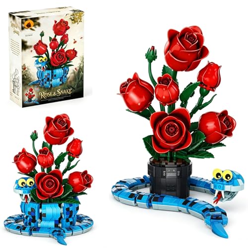 Mzexoma 2-in-1 Gothic Rose&Snake Building Set,14+ Botanical Flower Planter Blocks-Detachable Design,Dark Romantic Home Decor, Valentine& Birthday Gift for Her Women Teens Adults, 778PCS
