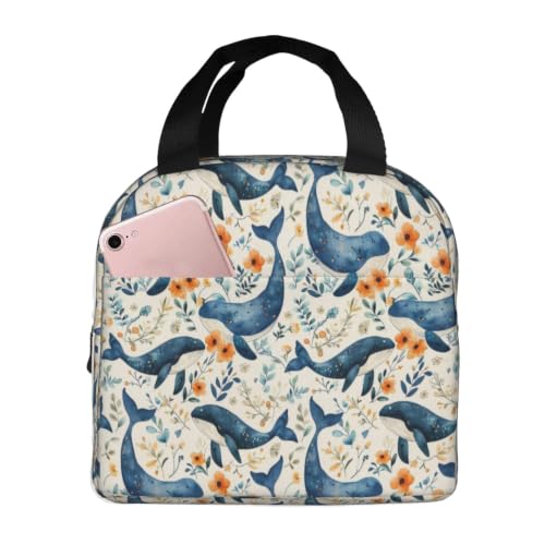 MZPILYUI Watercolor Whale & Floral Lunch Box for Women Men,Large Cute Insulated Lunch Bag Leakproof Thermal Lunchbox Cooler Lightweight Reusable Tote Bags for Work Picnic Travel,Camping,Fishing